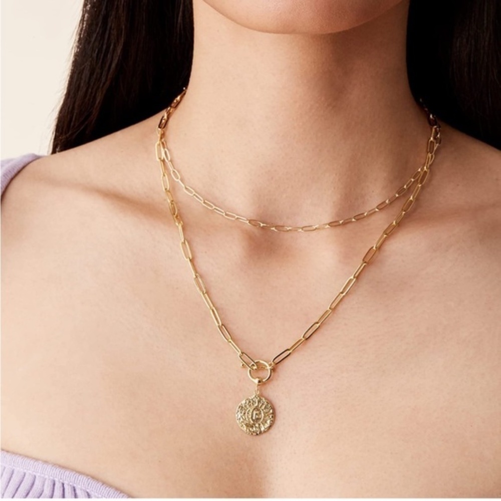 GOLD 14k Gold Plated Textured Pendant Disc Layered Necklace